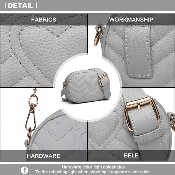 LH6834 - Miss Lulu Quilted Heart and Chevron Cross Body and Bum Bag - Grey